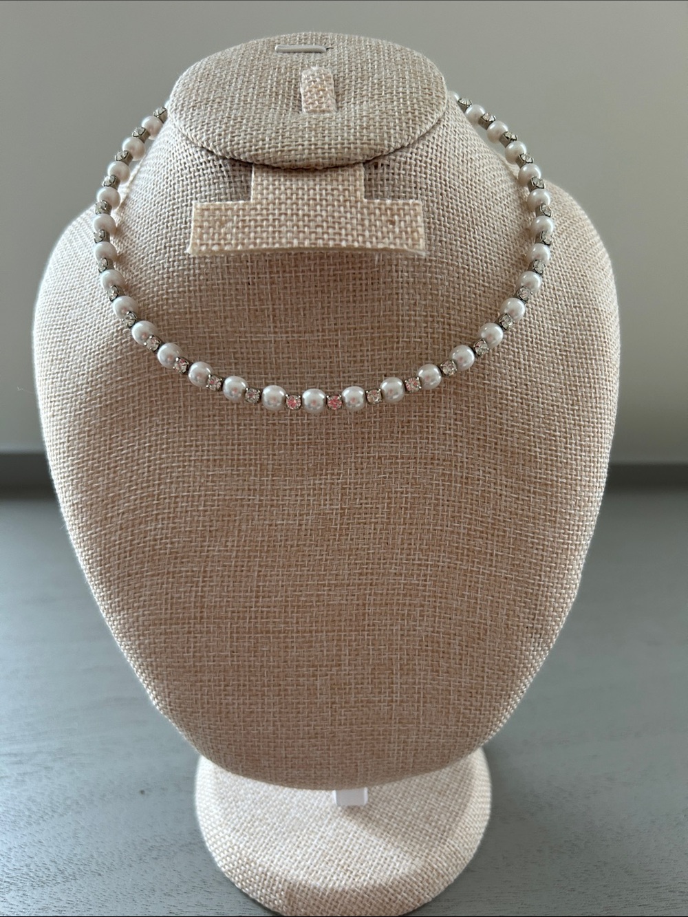 Vintage Faux Pearl and Rhinestone Silver Tone Choker Necklace